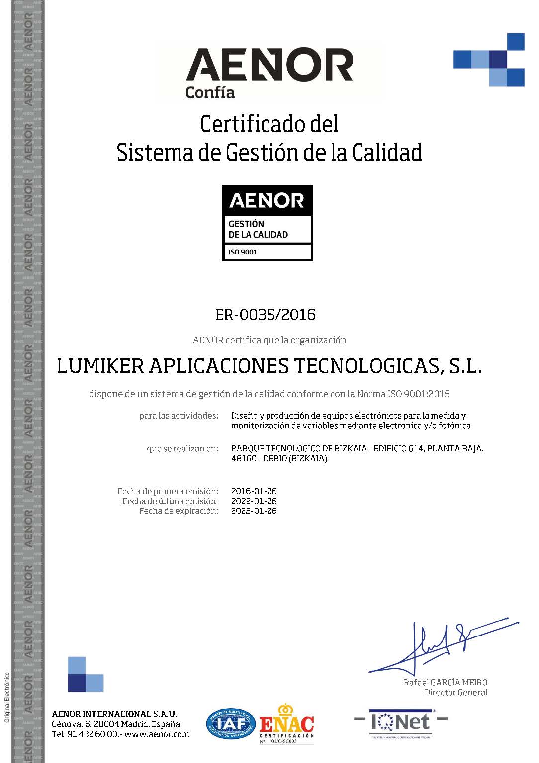 Lumiker: Política de calidad. Certificado ISO 9001-2015