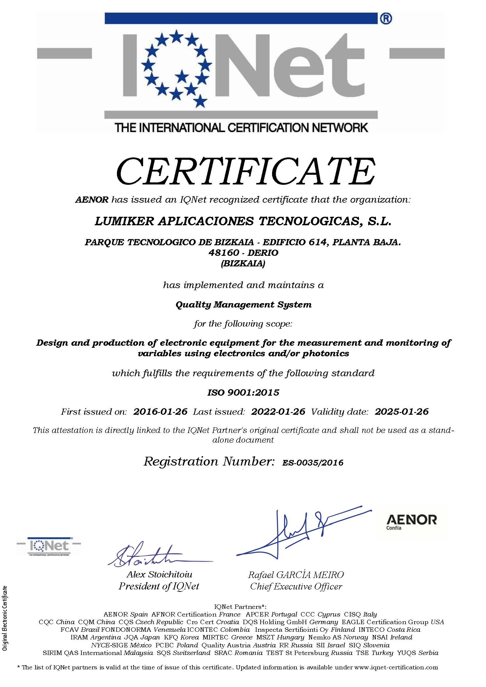 Lumiker: Política de calidad. Certificado ISO 9001-2015